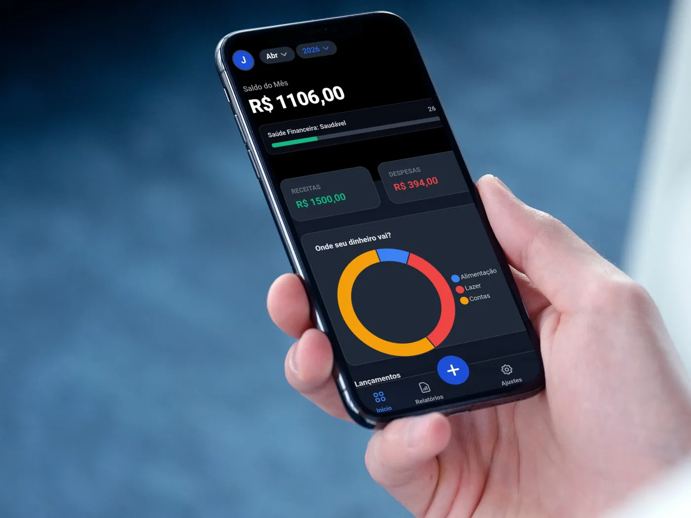 App Gestor de Bolso PRO aberto no celular, com saldo do mês e gráfico de gastos